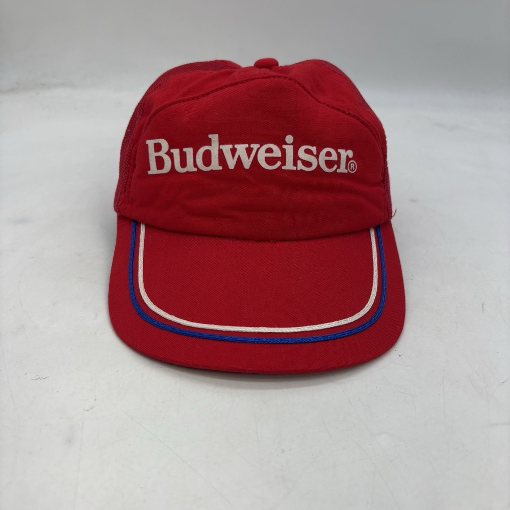 Vintage Budweiser Hat Cap Snap Back Red Trucker Beer Advertising Promo USA Made